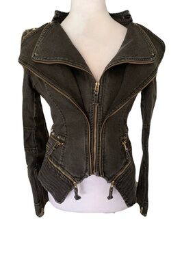 NWT 4 Gray/Black Denim Moto Jacket Asymmetric Zip Rocker Steampunk Grunge Punk